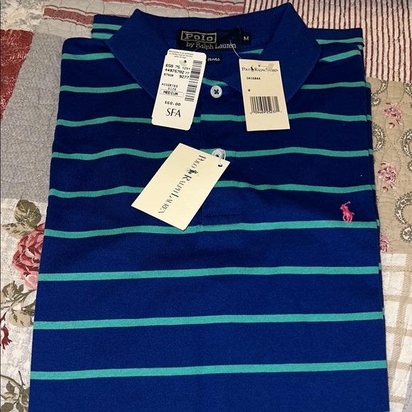 Deadstock NWT Vintage Polo by Ralph Lauren Blue and Green Striped Polo Shirt med